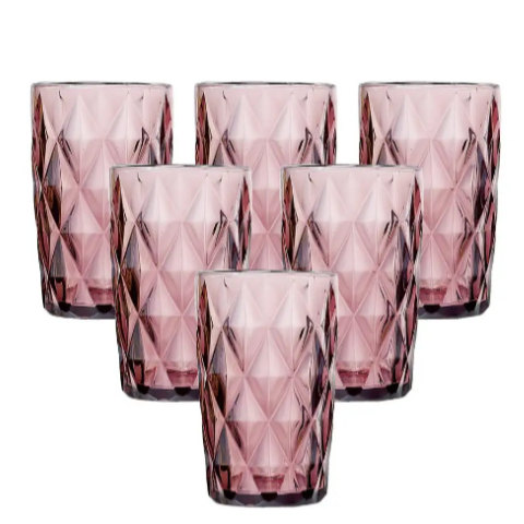 Jogo 6 Copos Rosa Diamond 350ml De Vidro Colorido Para Água Suco Resistente Mesa Posta Luxo