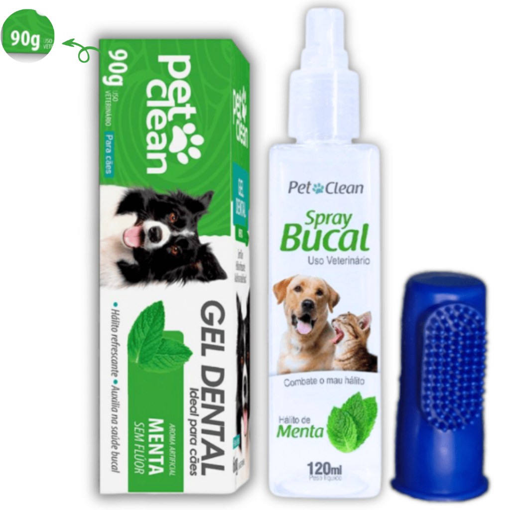 Combo Kit Higiene Dental Pasta Dental + Spray Bucal para Cães e Gatos Cachorro + Dedeira Pet Clean
