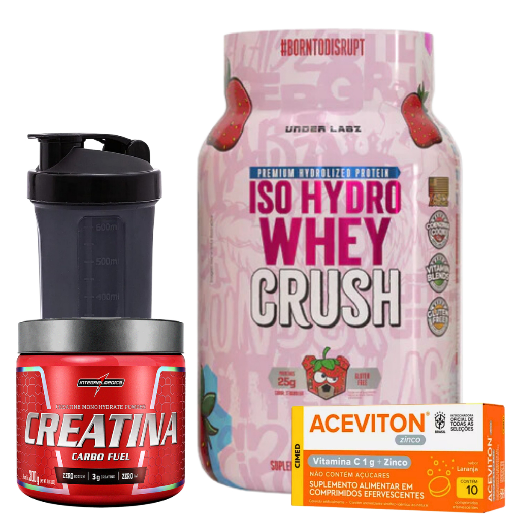 Iso Hydro - Whey Crush - 907g - Under Labz + Creatina Carbo Fuel - 300g - Integral + Vitamina C + Coqueteleira