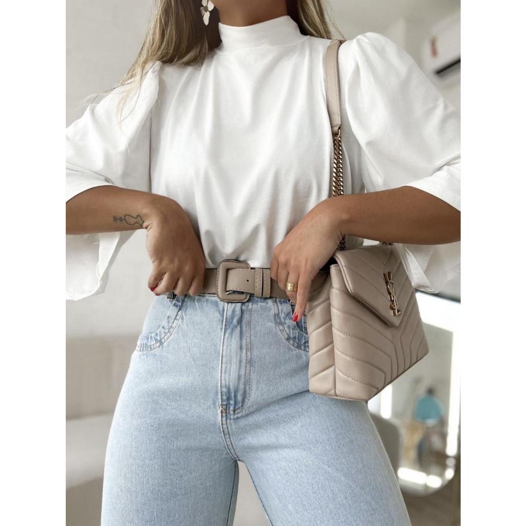 cropped feminina de suplex com gola alto\ manga pricessa em Oferta na Shopee