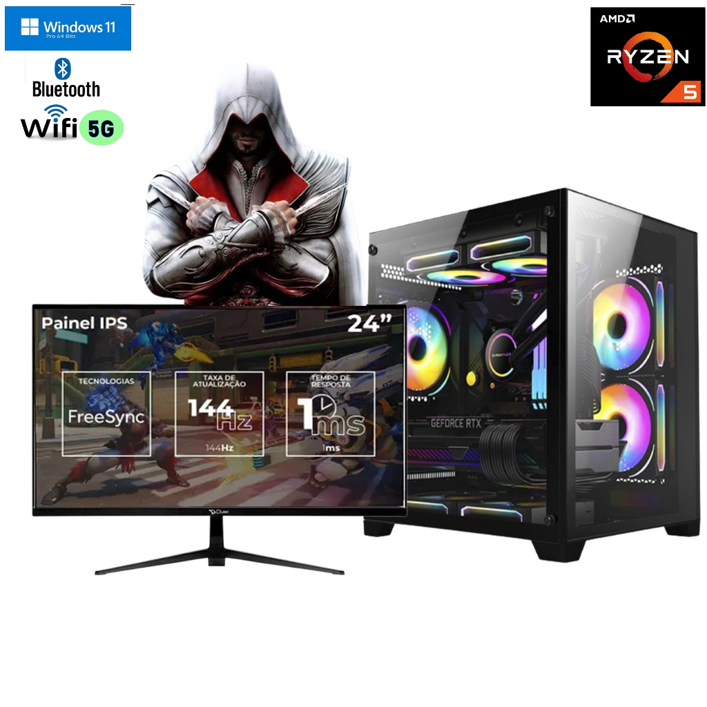 CPU Gamer Ryzen 5 Editor e Live Monitor IPS 24" 144Hz P. Vídeo RTX 3050 6GB + 32GB RAM c/garantia NF