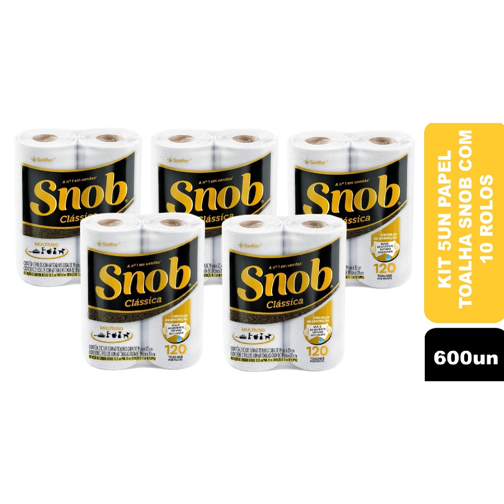 Kit 05un Papel Toalha Folha Dupla Snob Clássica 19cm x 20cm Pacote 2 Unidades com 60 Folhas Cada (600un)
