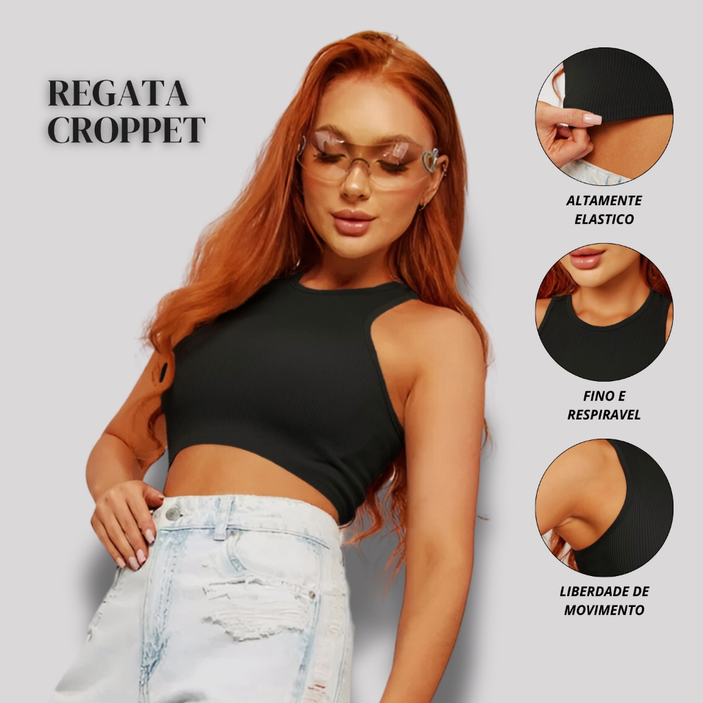 Cropped Feminino Regata Em Poliamida Canelada Macia Design Elegante Pra Seu Dia
