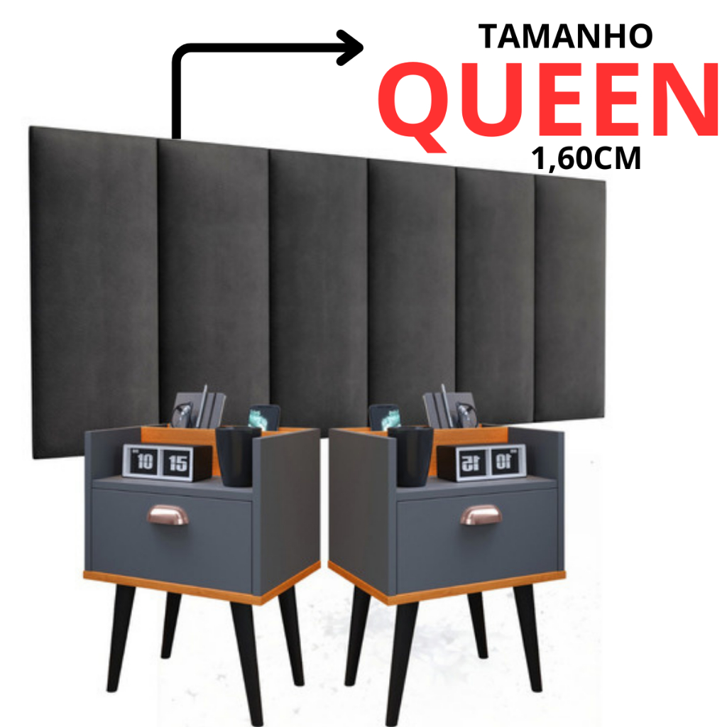 Kit 2 Mesas De Cabeceira Milena E Cabeceira Queen 1.60 Conjunto Criado Retro Cor Cinza Cinamomo 1 gaveta !