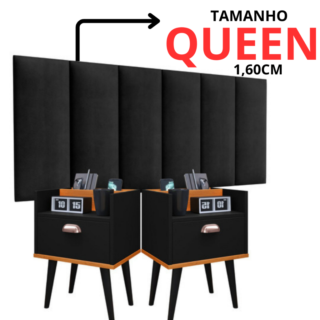 Kit 2 Mesas De Cabeceira Milena E Cabeceira Queen 1.60 Conjunto Criado Retro Cor Preto Cinamomo 1 gaveta !