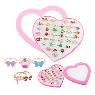 Kit com 36 Anel Infantil + Porta Biju de Coração-Tamanho Único Bijuteria Infantil Moda Infantil