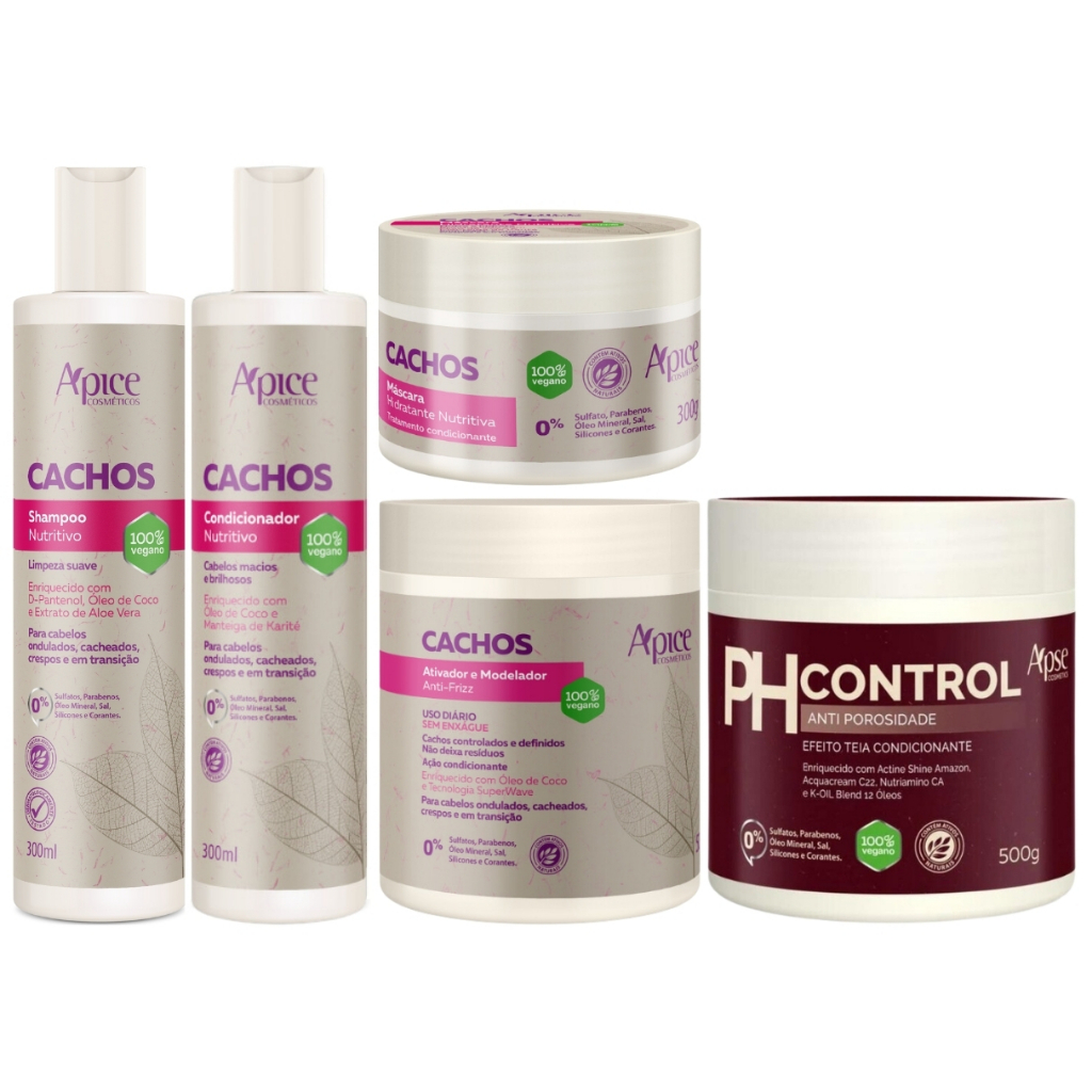 Kit Apice Cachos Sh + Cond + Mascara + Ativador + PH Control Cachos Profissional Completo Grande