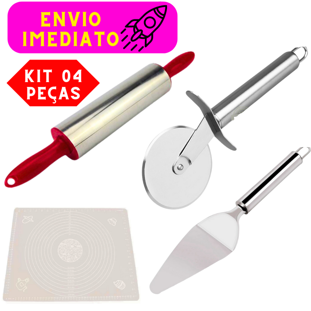 Kit 04 Peças 01 Rolo de Massas 01 Cortador de Pizza 01 Espátula de Pizza e 01 Tapete Culinário