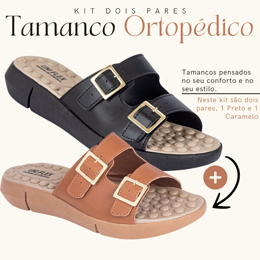 Sandalia Tamanco Fivela Confortavel Ortopedico Kit 2 Pares Salto Anabela Palmilha Massageadora