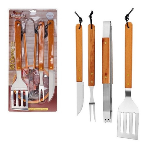 Kit Churrasco Jogo com 4 peças com Cabo de Madeira Grill