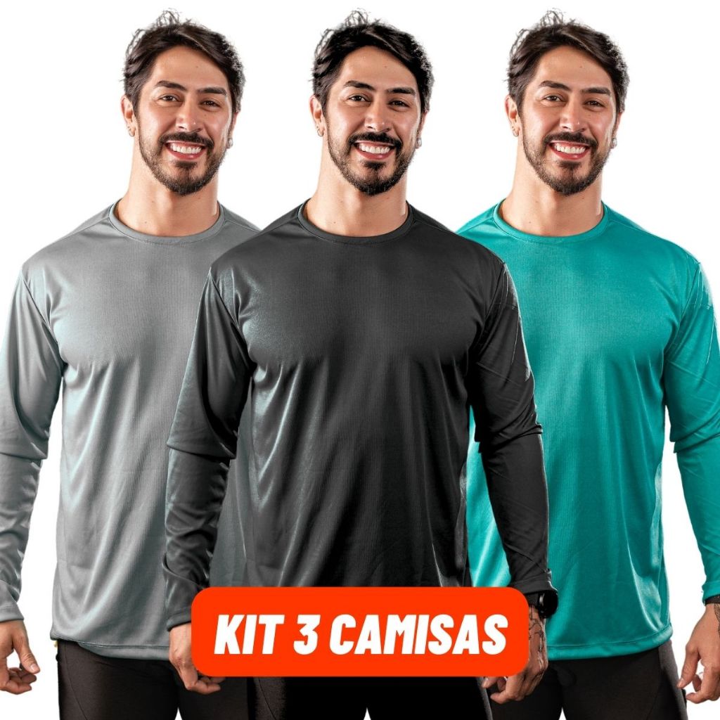 Kit 3 Camisas Proteção UV Masculina Manga Longa Academia Praia Inverno Frio Bike Surf Tênis Futebol Basquete Basebol