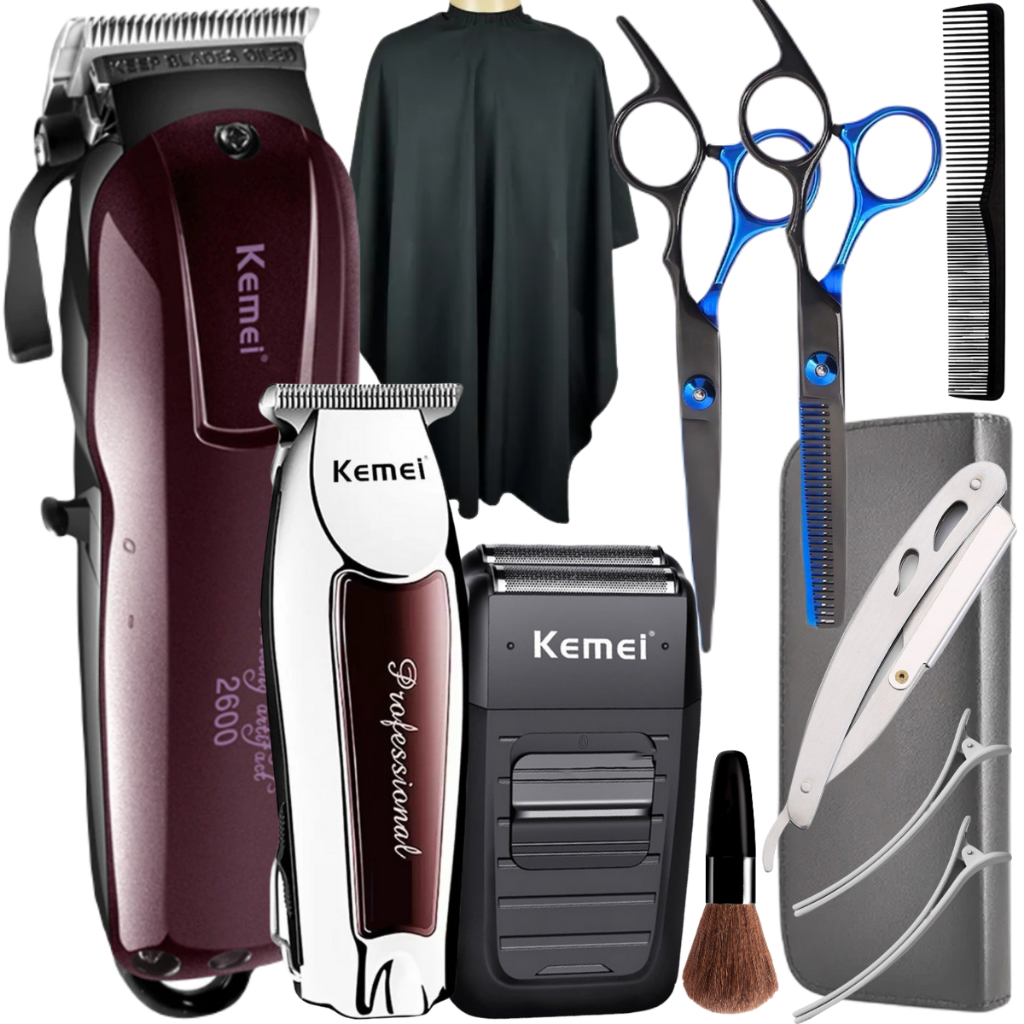 Kit Maquina Corte Cabelo Acabamento E Shaver Profissional Kit de Tesoura Barbeiro Fio Navalha Navalhete Capa de Barbeiro