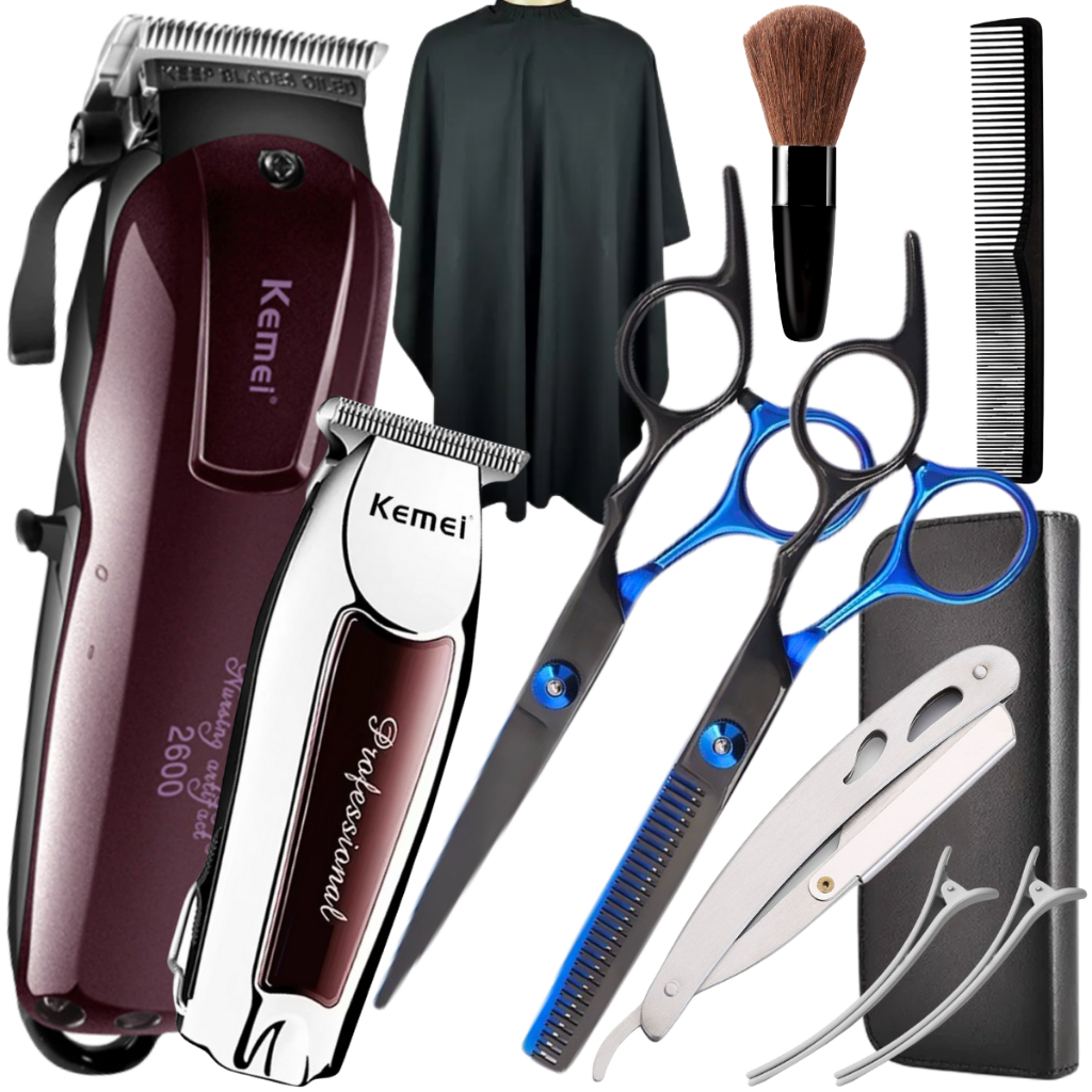Kit Máquina De Cortar Cabelo Tesoura Barbeiro Maquina de Corte Cabelo Km2600 Maquina Acabamento Kemei KM9163 Kit Tesoura