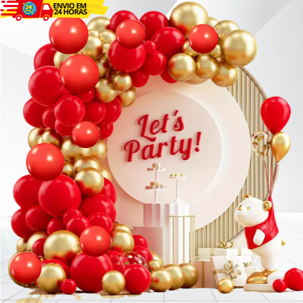Kit 75 Balões Latex Vermelho + Dourado Cromado Metalizado Para Festas e Aniversário em Oferta na Shopee