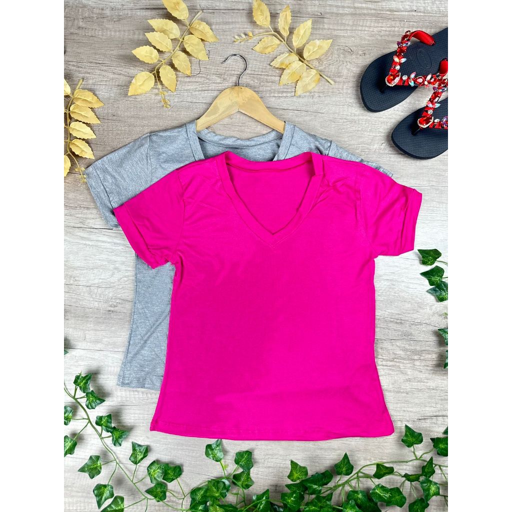 Kit 2 Blusas T-Shirt Baby Looc Feminina Gola V Manga Curta. em Oferta na Shopee
