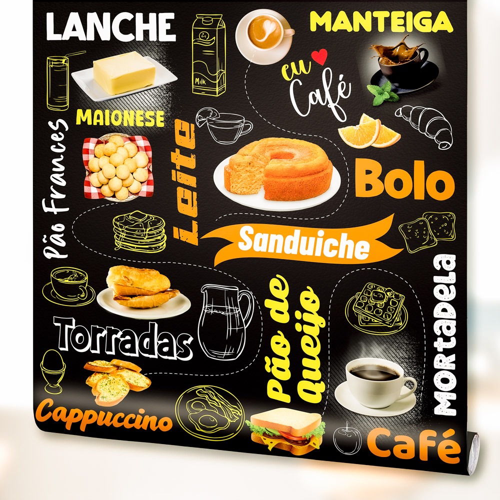 Papel de Parede Adesivo Decoração Padaria Lavável Pão de Queijo Pão Manteiga Bolo Torradas Sanduiche