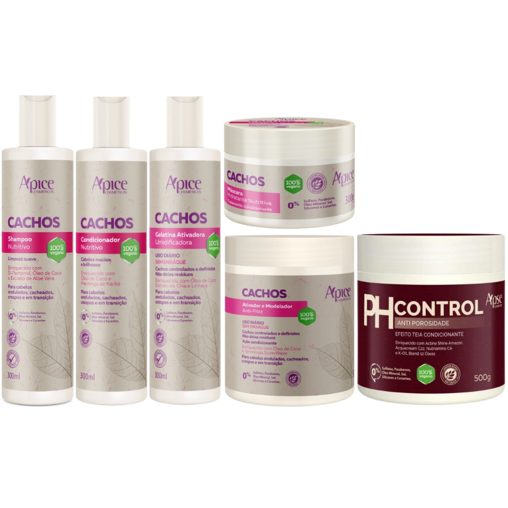 Kit Apice Cachos 5 Itens + Mascara PH Control Tratamento Capilar Completo Cabelo Vegano Grande