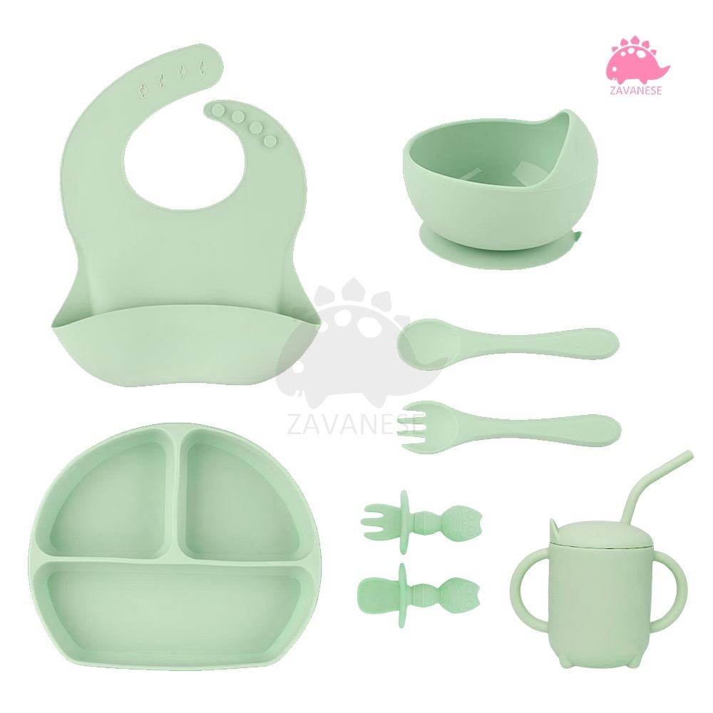 Kit 8 Alimentação Bebê Silicone Prato Babador Copo Tigela ZAVANESE - Mom & Baby