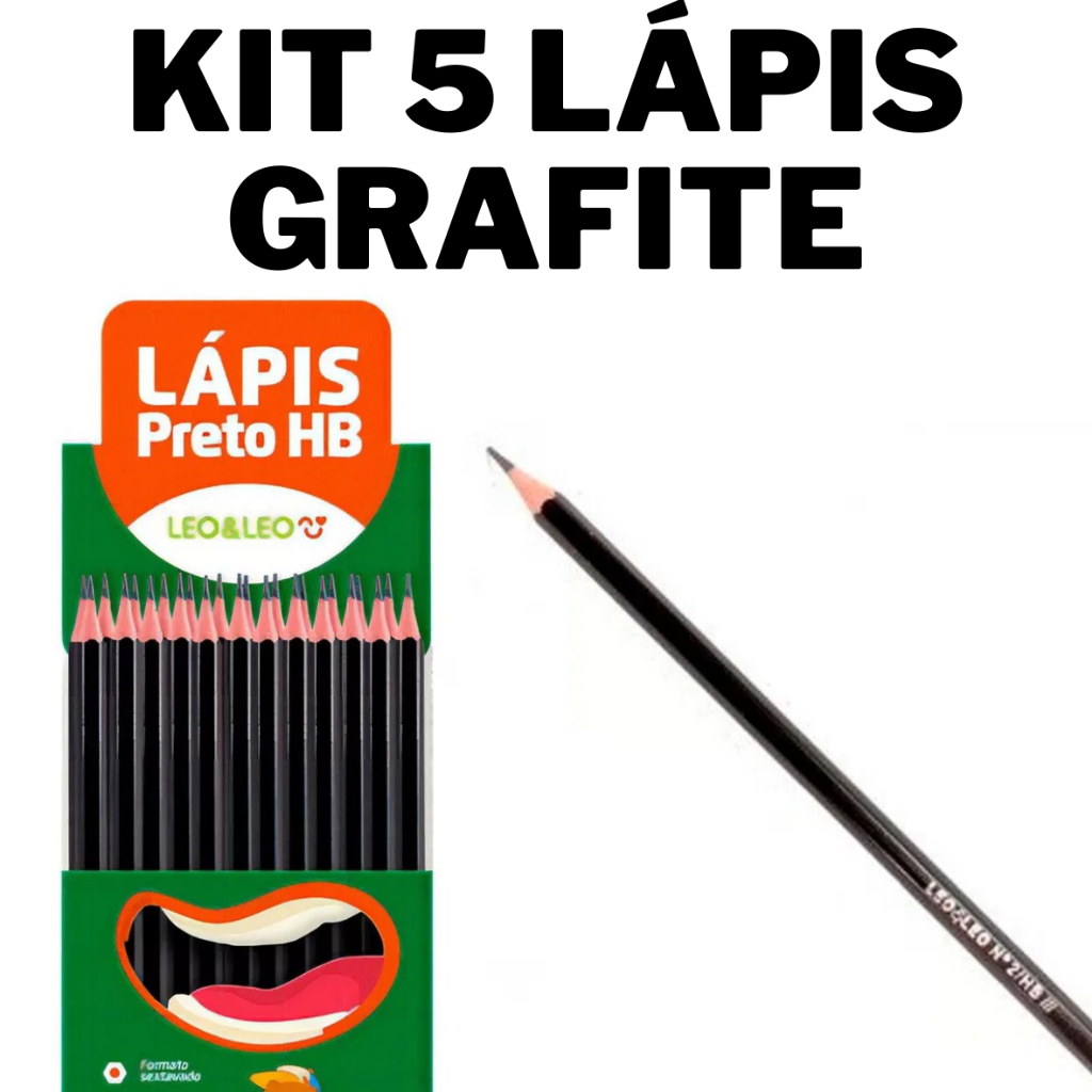 Kit 5 Lápis Preto Grafite HB N°2 de Escrever Escolar Ponta Resistente Leo&Leo