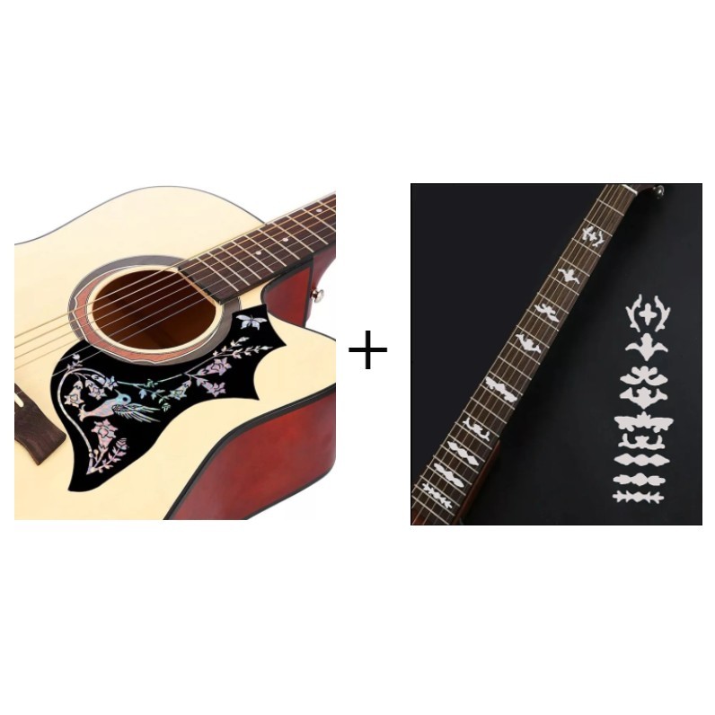 Adesivo Marcador De Escala Floral Cruz Prata Para Violão/guitarra + Escudo Beija Flor Perola