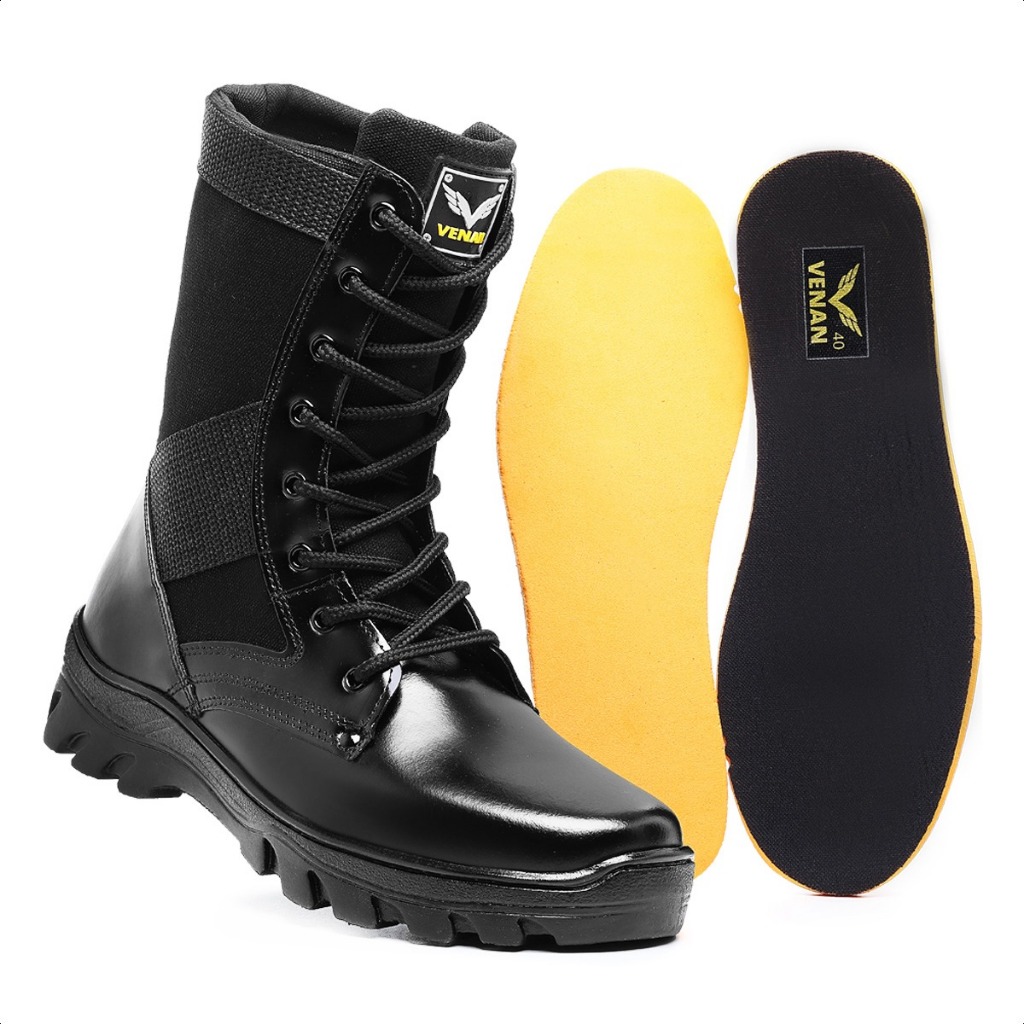 Bota Coturno Militar Tático Masculina Couro Palmilha Gel Verniz Solado Antiderrapante