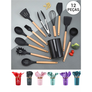 Kit com 12 Peças Utensílios de Cozinha Silicone e Cabo de Madeira Bambu Jogo Espátula Col…
