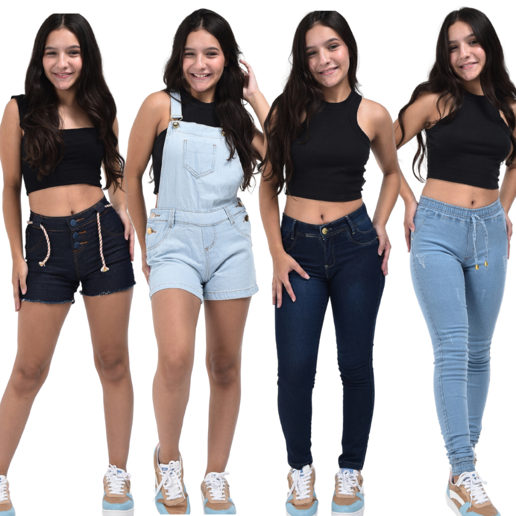 Combo 4 peças Calça cargo + jardineira short + slim + jogger menina infantil jeans 10 ao 16