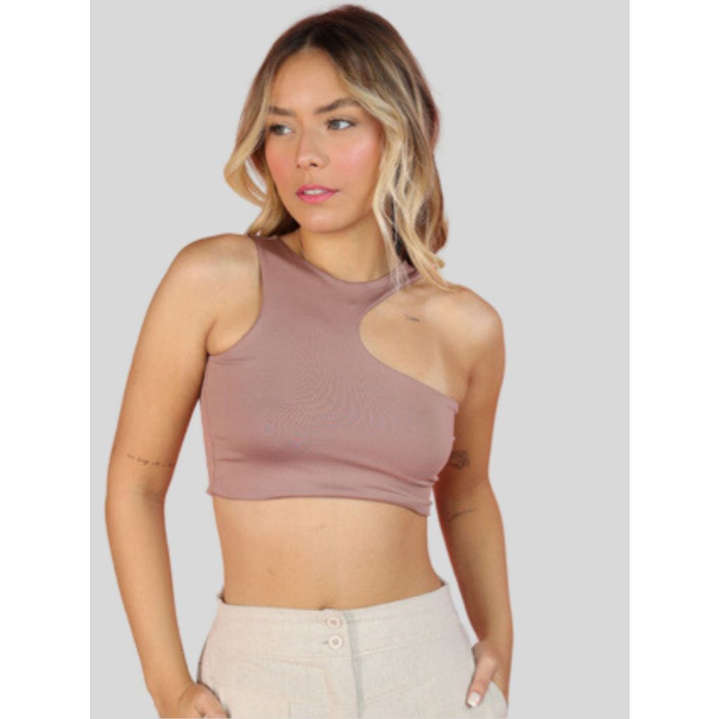 Cropped Feminino Regata Assimétrico Ombro Vazado Moda Promoção