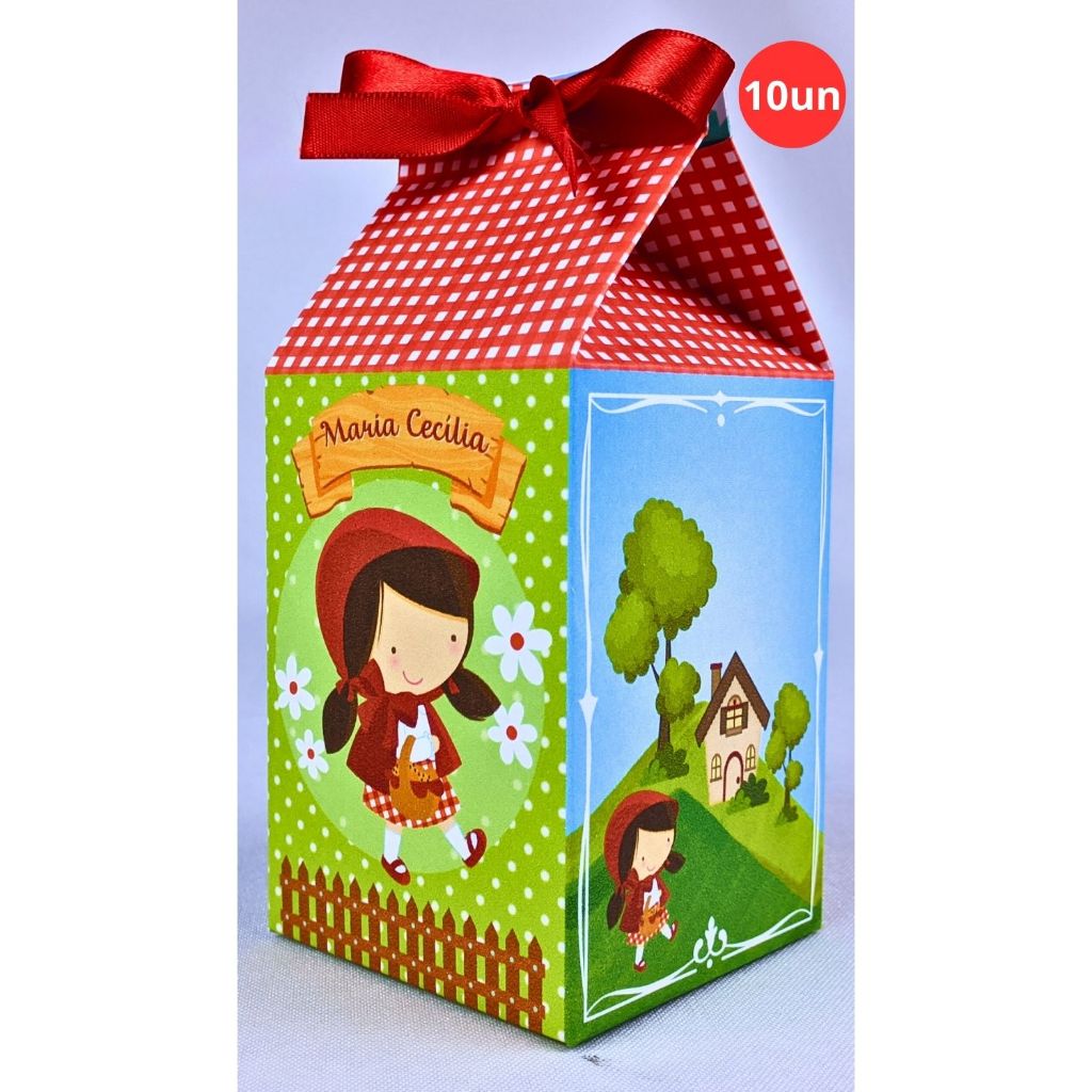 Kit 10 Caixinhas Personalizadas Formato Milk Tema Chapeuzinho Vermelho de Papel Offset 180g Sem Brilho Para Festas