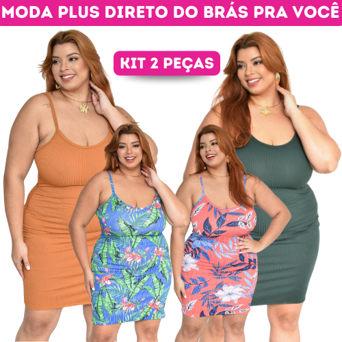 Kit 2 Vestidos Tubinho Liso + Estampado Canelado Premium com Elastano P ao GG 36 ao 48 Slim e Curvy