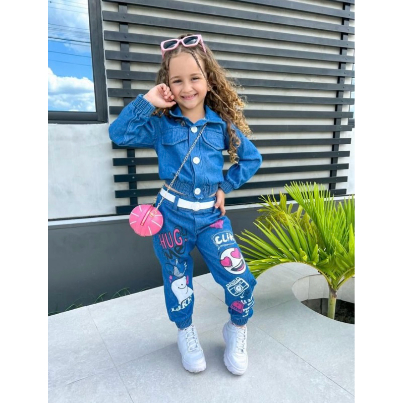 Conjunto infantil jeans menina blogueirinha 3 peças inverno frio