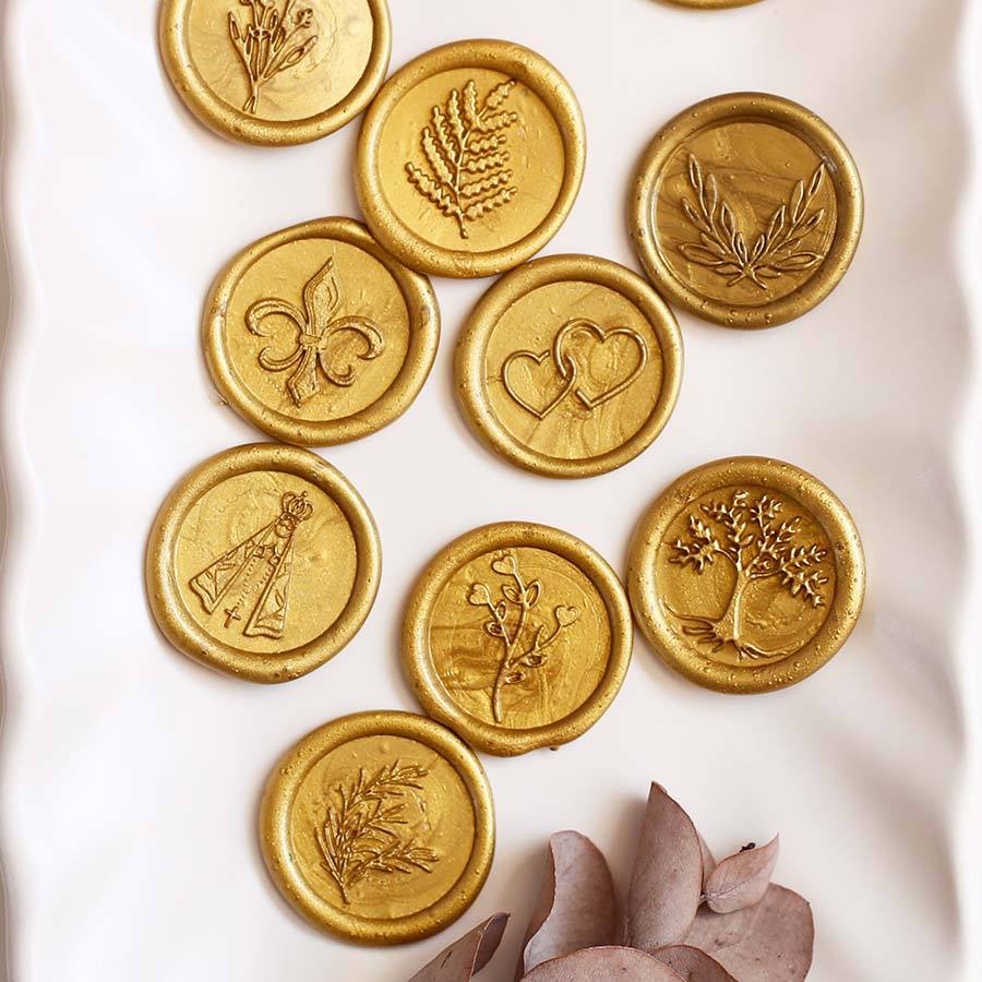 50 Lacre de cera Dourado Pronta Entrega c/ dupla face - escolha o desenho
