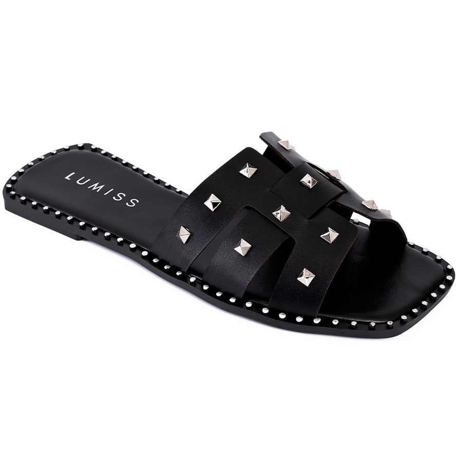 Sandália Rasteira Feminina Lumiss Confortável Blogueira Bico Quadrado Tachas Spike Pirâmide Preto - Women Shoes