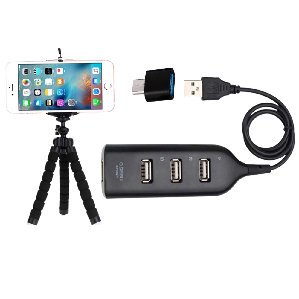 Adaptador Usb Para Celular Hub 4 Portas + Otg Tipo C + Tripé Adaptador De Teclado Mouse Pen Drive