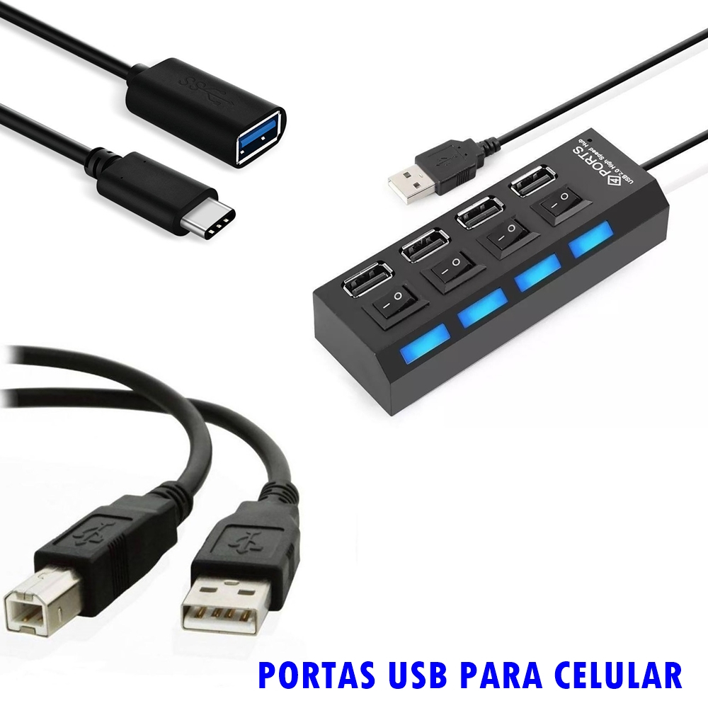 Kit Hub 4 Portas Usb + Otg Tipo C + Cabo De Impressora Para Celular Adaptador Usb Teclado Mouse