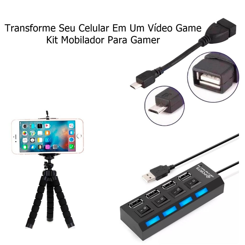 Kit Mobilador Gamer Hub Usb 4 Portas + Otg Micro Usb V8 + Suporte Tripé Adaptador De Teclado Mouse