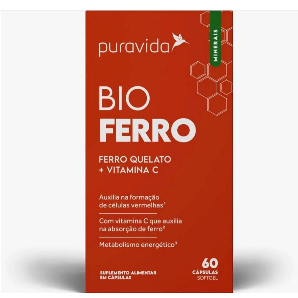 Bio Ferro(ferro quelato +vitamina c)60 caps Pura Vida em Oferta na Shopee
