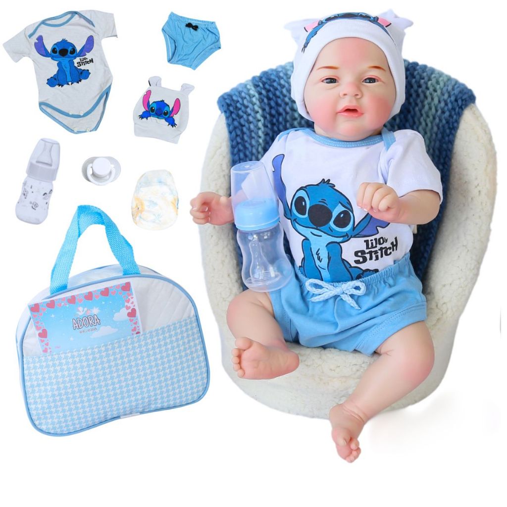 Bebê Reborn Boneco Menino Realista Stitch Original Corpinho Em Silicone Com Bolsa Maternid...