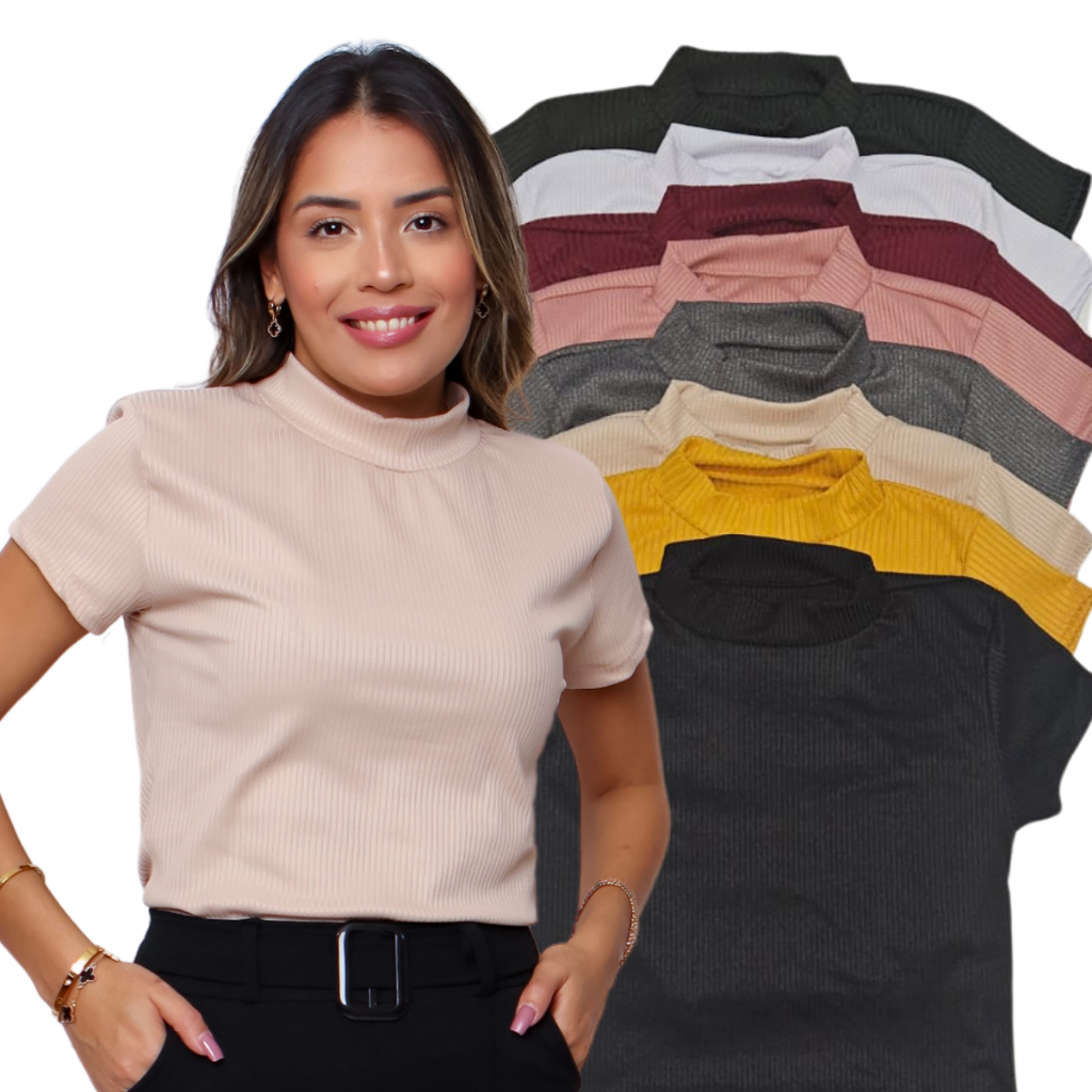 Blusa Feminina Camiseta Preta Gola Alta Dia a Dia Básica Canelada Promoção Blusinha Trabalho