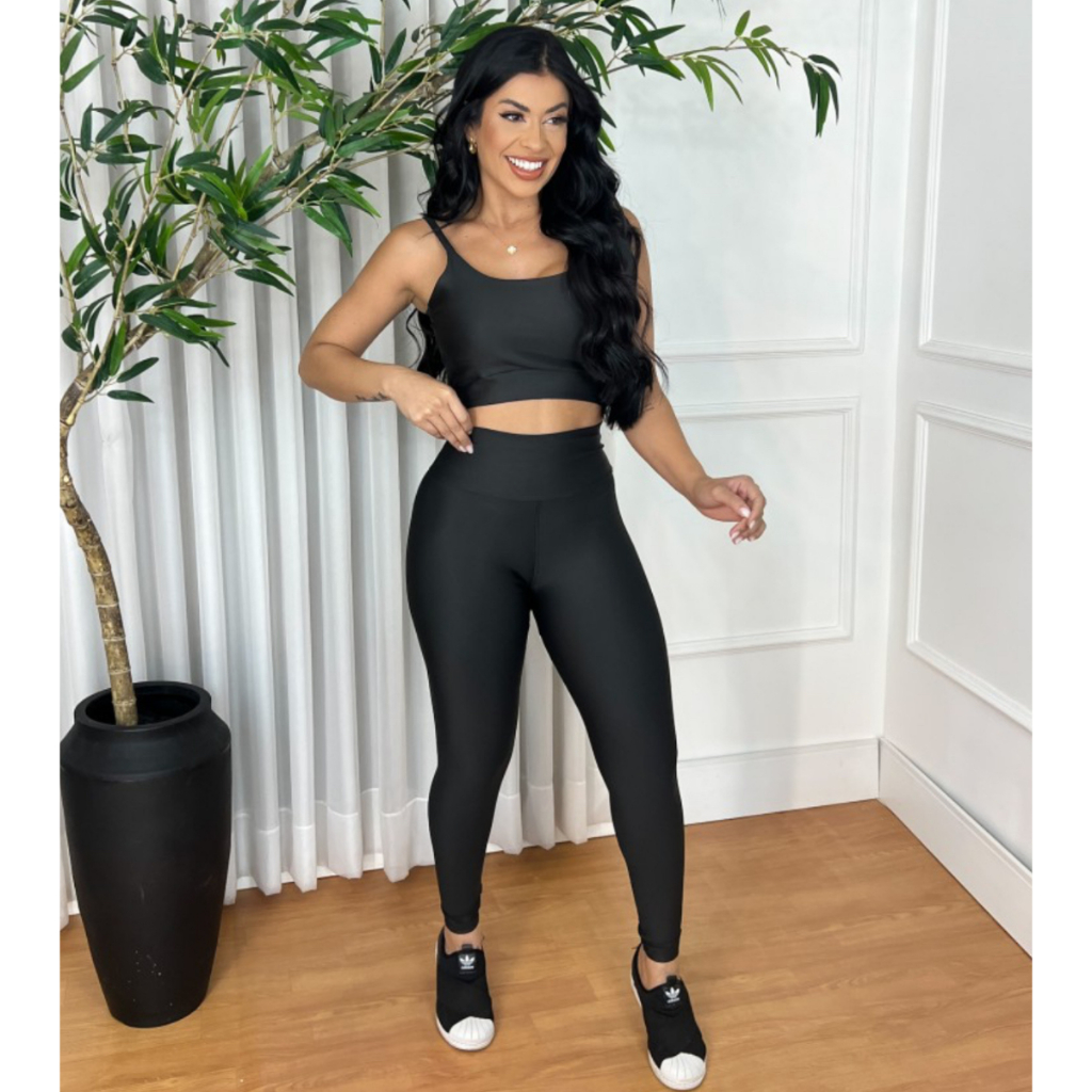 Conjunto Academia Fitness Calça Legging e Top Suplex Cropped Com Bojo Removível Cos Alto