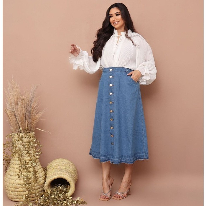 Detalhes do Saia Jeans Cristã Cintura Alta Azul Claro Com Botões e Bolsos Moda Feminina Evangélica