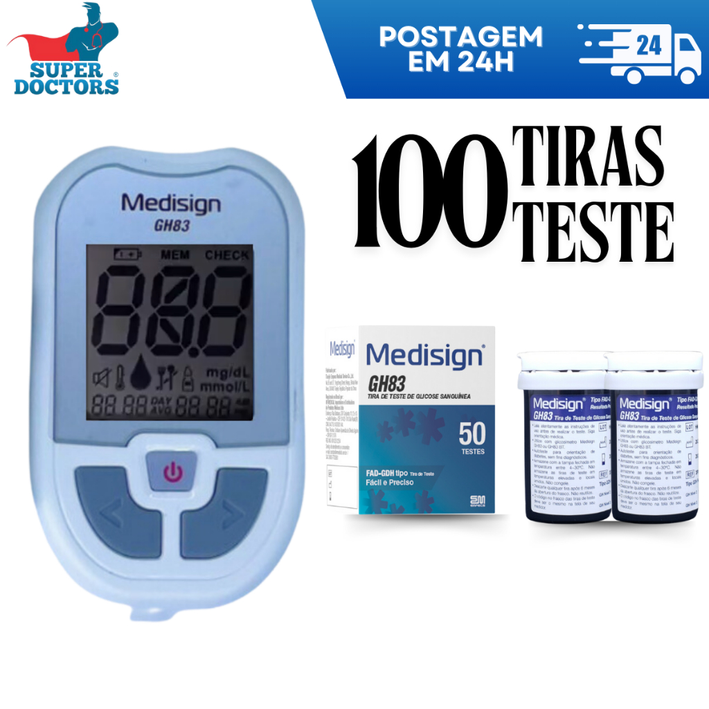 Aparelho Diabete Medidor Glicose Glicemia Medisign + 100 Tiras Teste GH83
