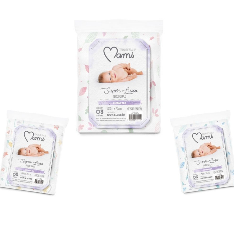 Toalha Fralda Super Luxo Papi/Mami/Incomfral Estampada 1,20 x 70 cm 100%  Algodão 3 Unid.