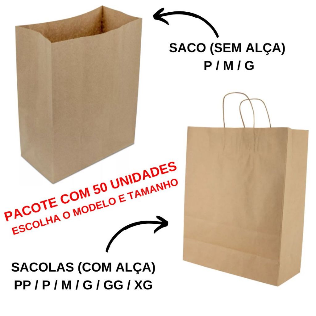 Sacolas Kraft 50 Unidades Escolha o Tamanho Alta Qualidade em Oferta na Shopee