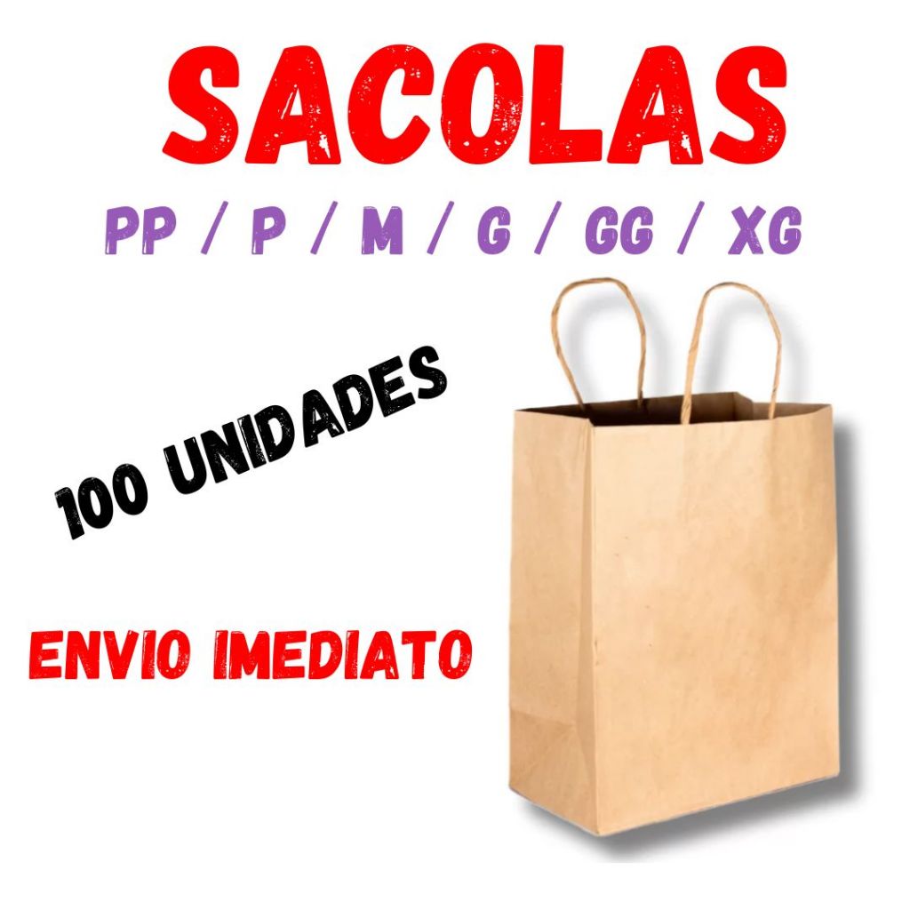 Sacolas Kraft de Papel 100 UNIDADES - Escolha o Tamanho PP P M G GG XG