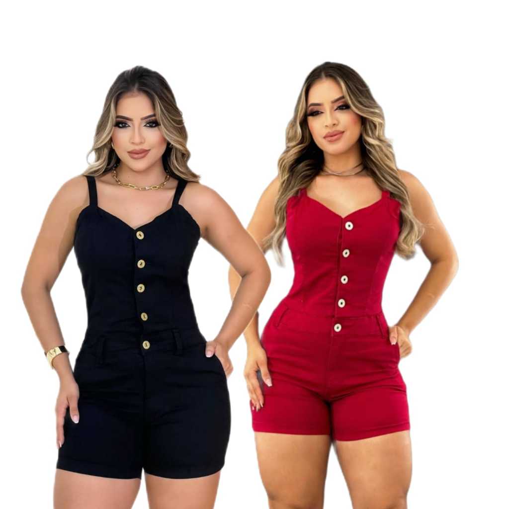 Macaquinho Jeans  Sarja curto com Botões Macaquinho feminino Jeans com lycra