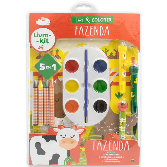 Kit Livro Ler e colorir: Fazenda - Com canetinhas, carimbo e giz de cera - Infantil