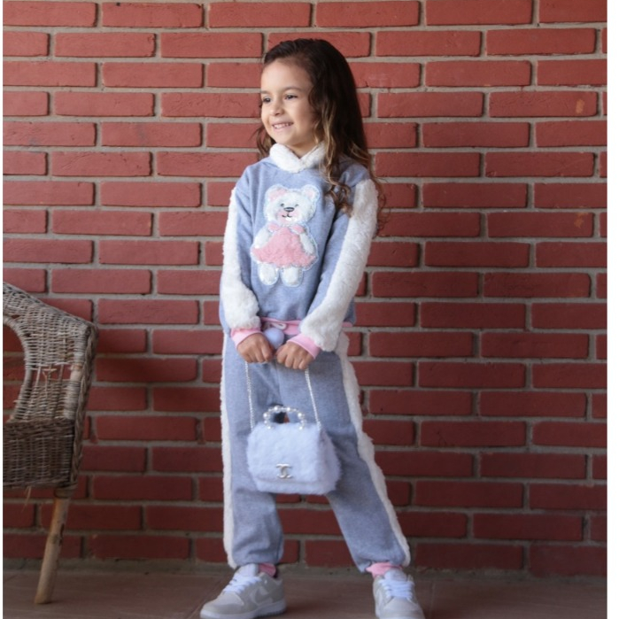 Conjunto Moletom Feminino Infantil Flanelado Inverno Calça + Blusa de Frio Meninas Crianças Plush com Touca