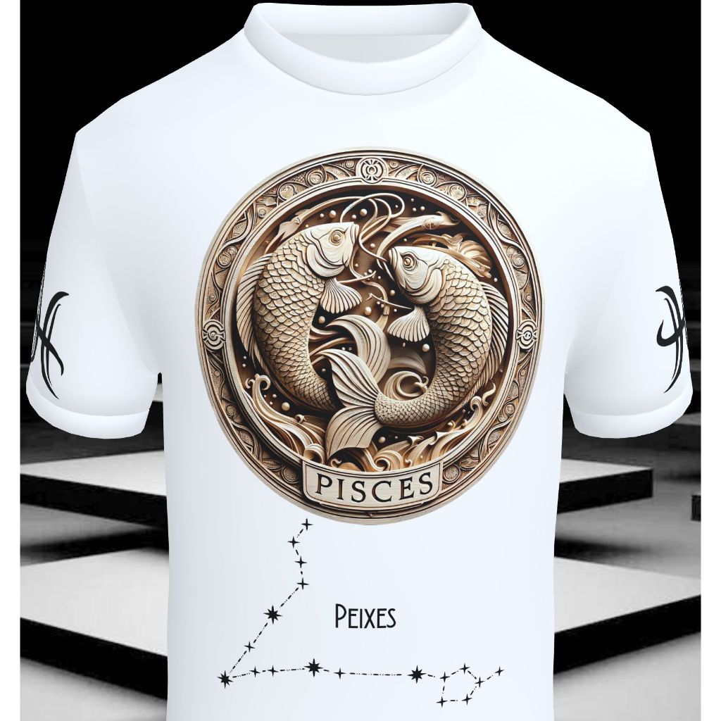 Imagem Camiseta Zodíaco Signo de Peixes 3D - Camisa Básica e Babylook  Constelação Peixes 3D Pisces