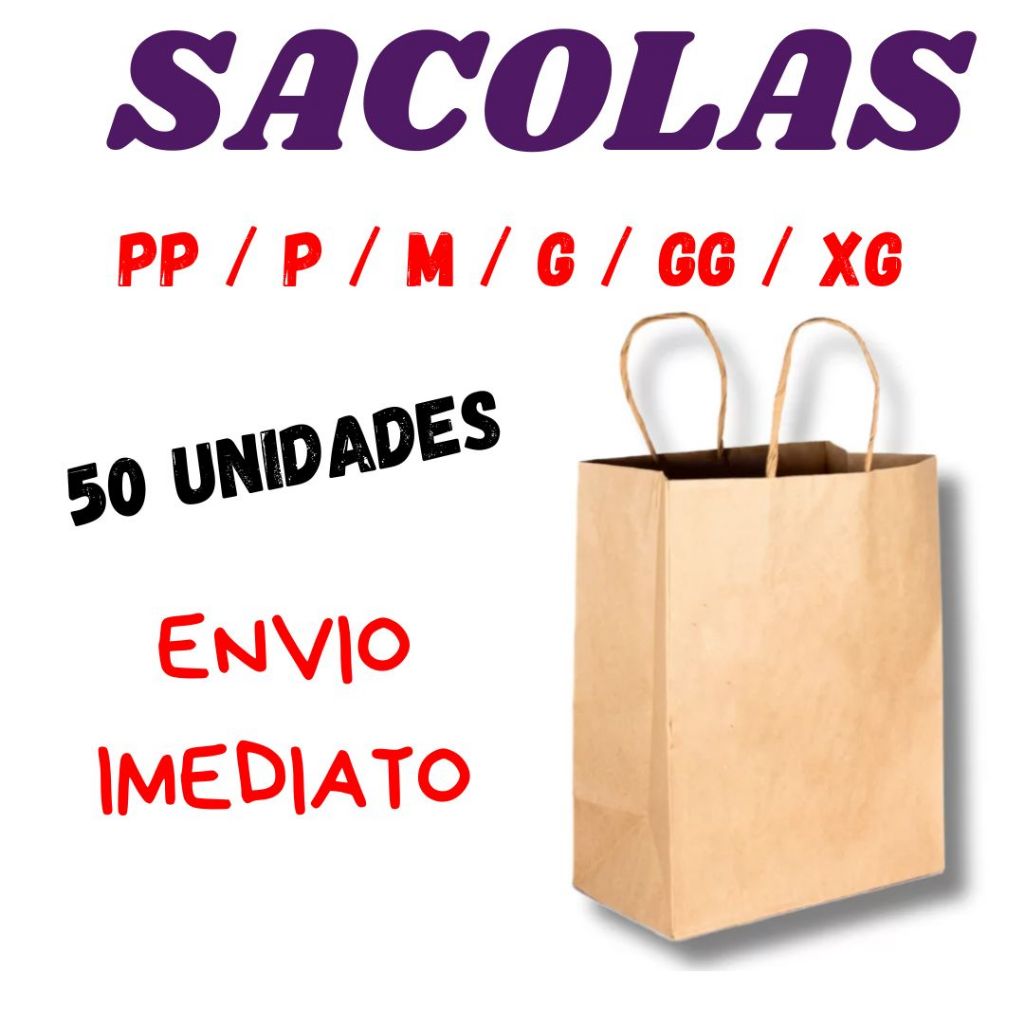 Sacolas Kraft 50 unidades escolha o tamanho PP P M G GG XG em Oferta na Shopee